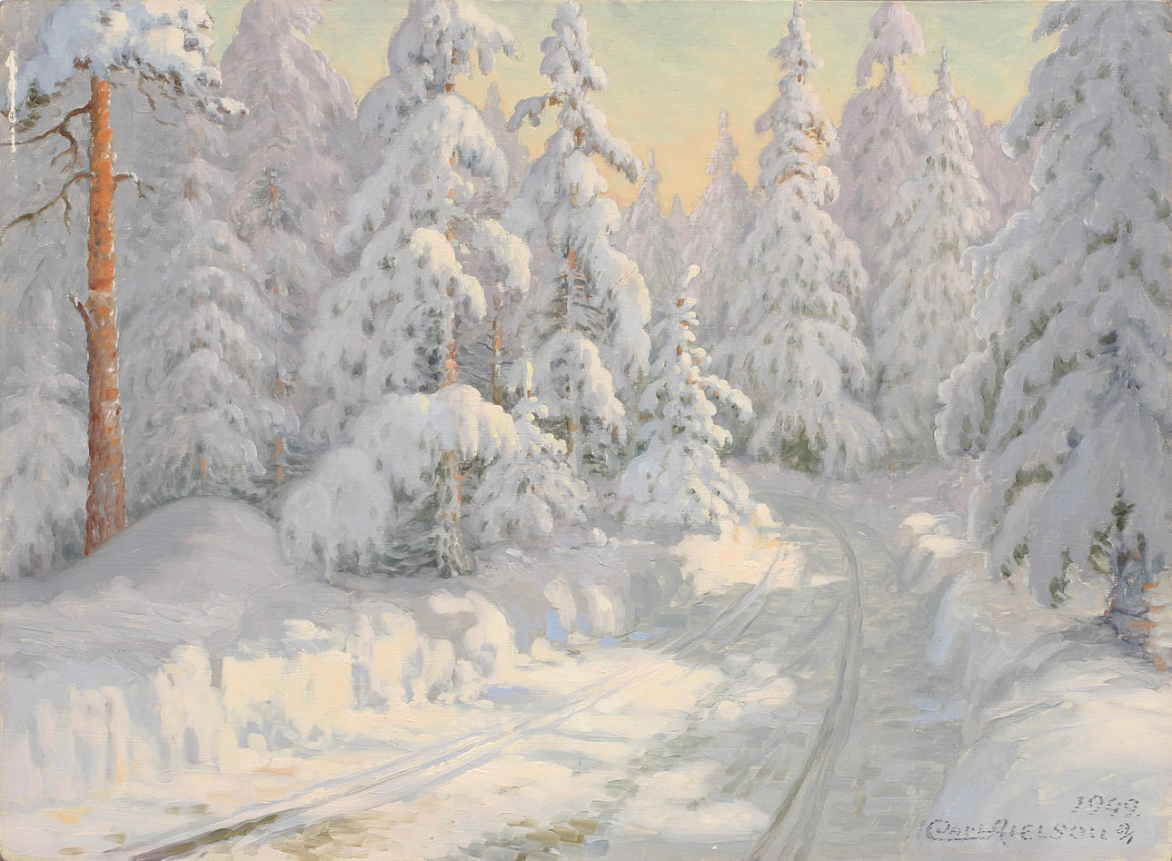CARL AXELSON. Vinterlandskap, olja på pannå, signerad och daterad 27/1 1949.
