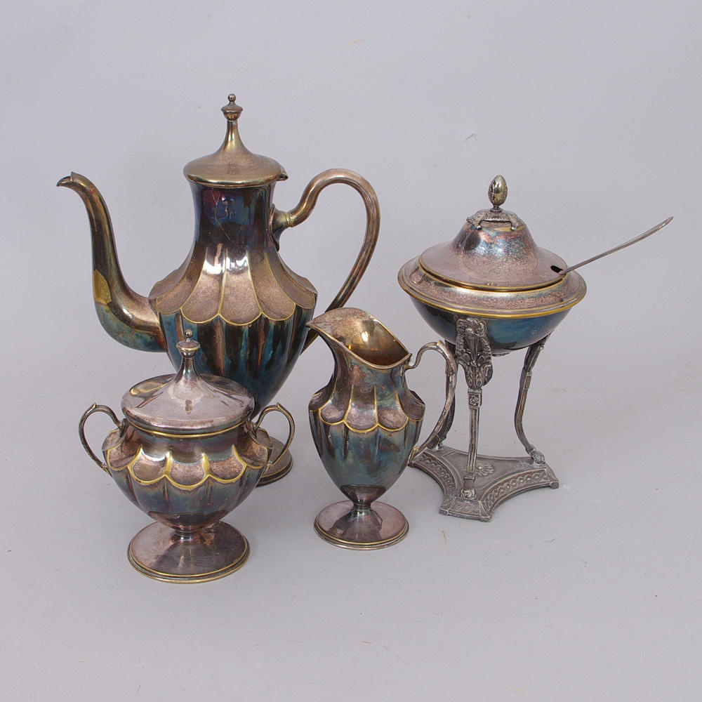 KAFFESERVIS SAMT SOCKERSKÅL, nysilver.