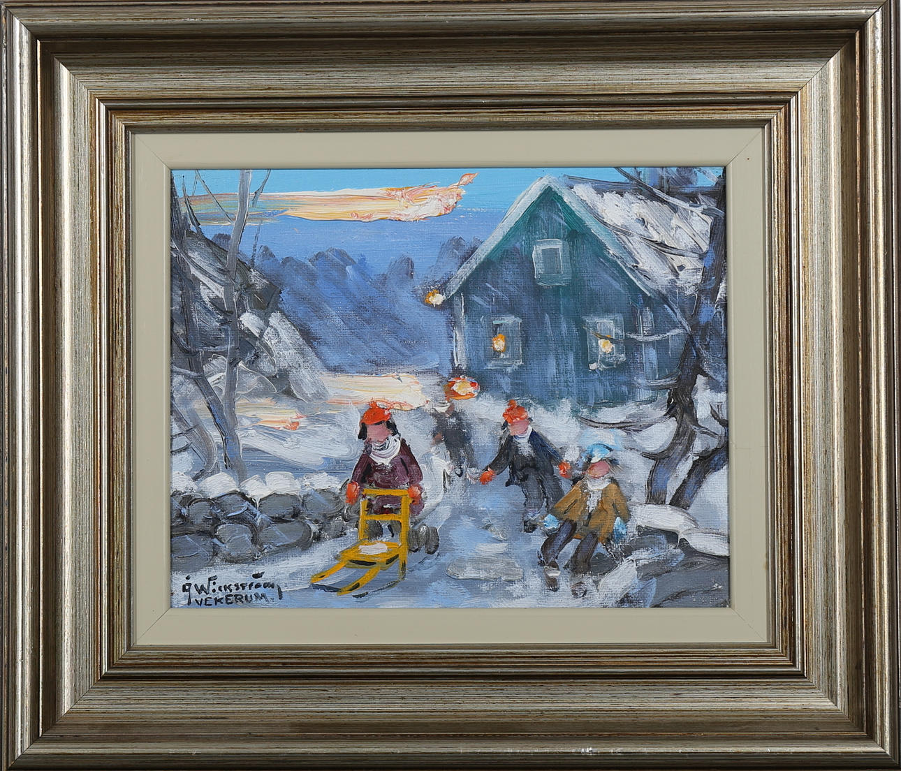 ÅKE WICKSTRÖM. Vinterlekande barn, olja på duk, signerad Wickström.