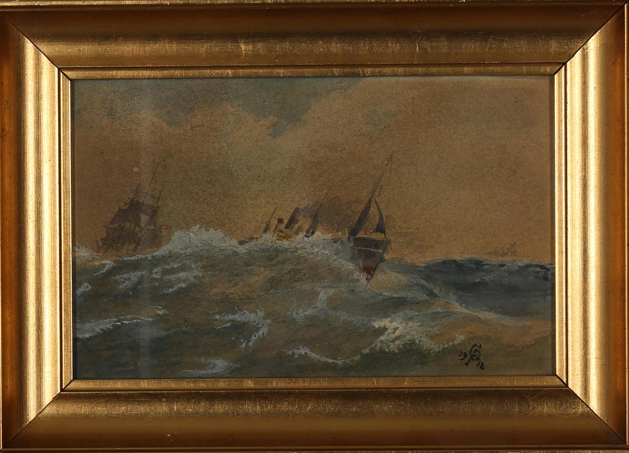OIDENTIFIERAD KONSTNÄR. Skepp i hög sjö, olja på pannå, signerad C P 1912.
