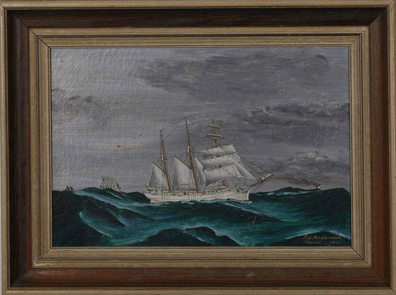 OIDENTIFIERAD KONSTNÄR. Skepp till havs, olja på duk, signerad P.L. Andersson och daterad Malmö 1910.