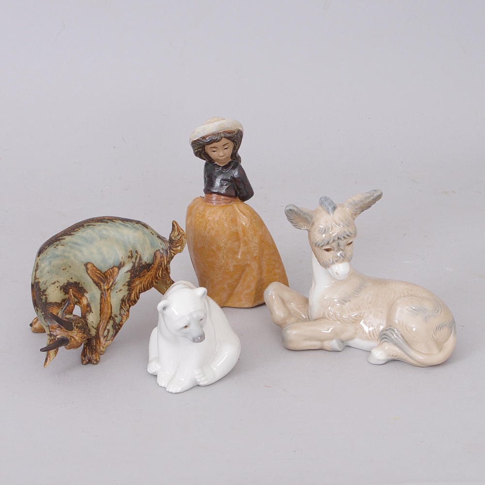 FIGURINER, porslin, 4 stycken, Bing & Gröndal, Lladro samt Nao.