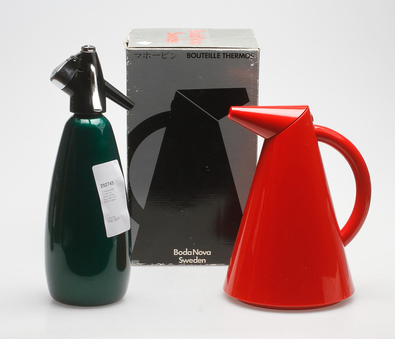 TERMOSFLASKA, plast, Ulf Hansen, Boda Nova 1987 samt SIFON. England.