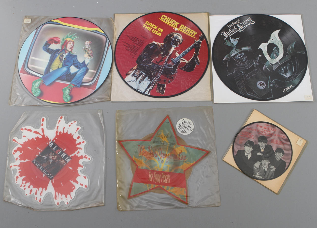 BILDSKIVOR, 6 st, bland annat The Beatles, Judas Priest, The Flying Pickets, 1980-tal.