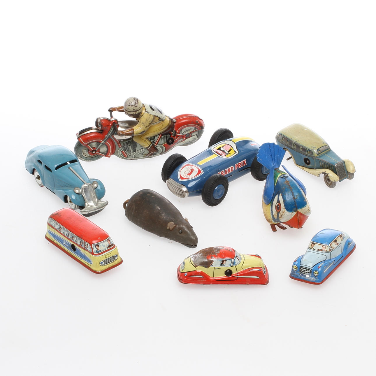 PARTI LEKSAKER, 9 delar, mekaniska, metall, bland annat Lehmann och Schuco.