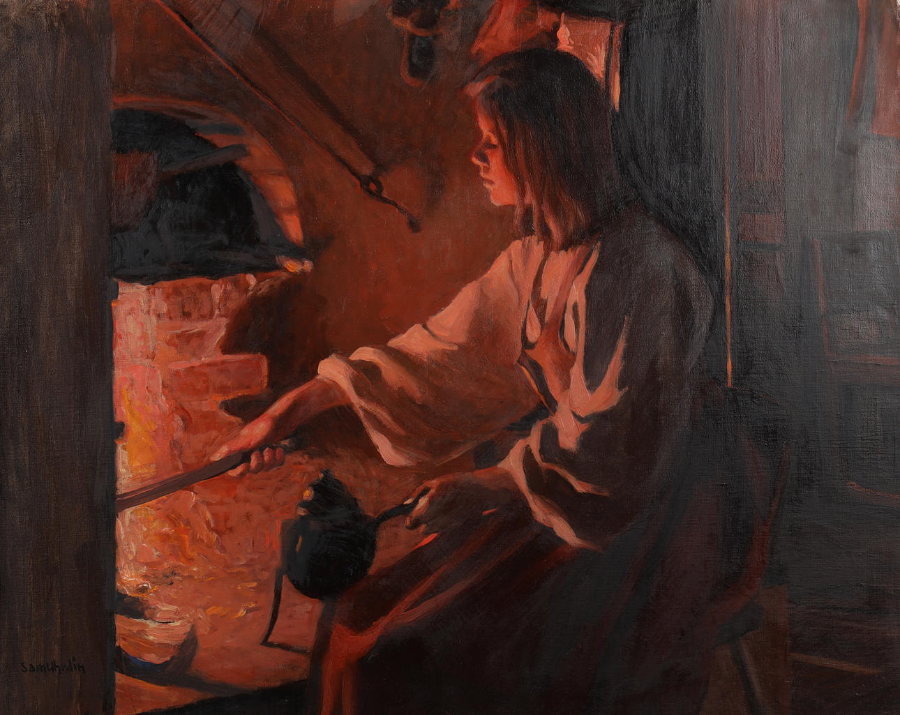 SAM UHRDIN. "kaffedags", olja på duk.