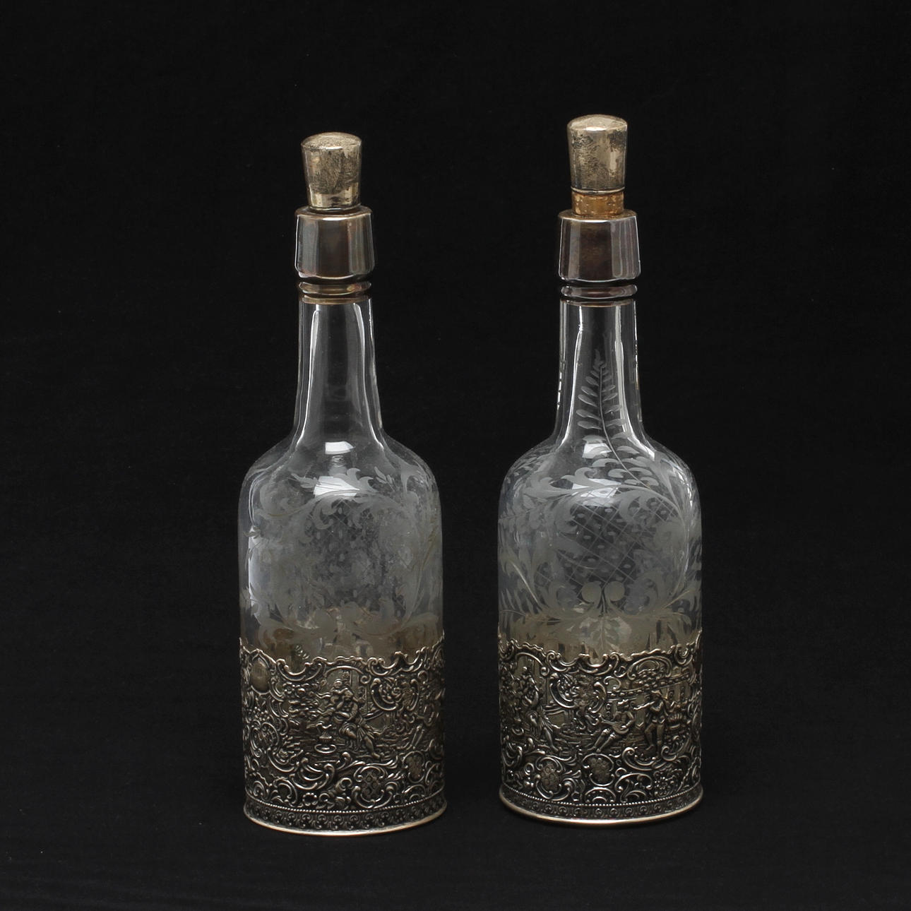 FLASKOR, ett par, glas och sterlingsilver, Brand Chatillon Co, New Yrok.