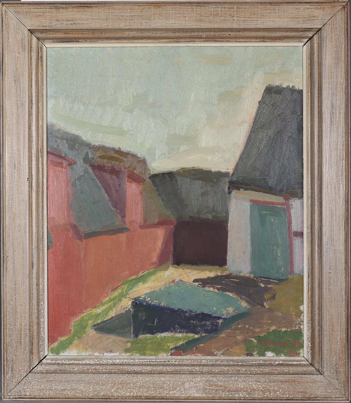 NILS MOREAU. "Råröd i motljus". Olja på pannå, signerad Moreau och daterad -49.