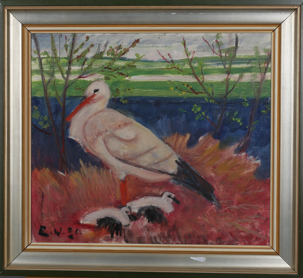 ERNST NORLIND. Storkar, olja på pannå, signerad E N.