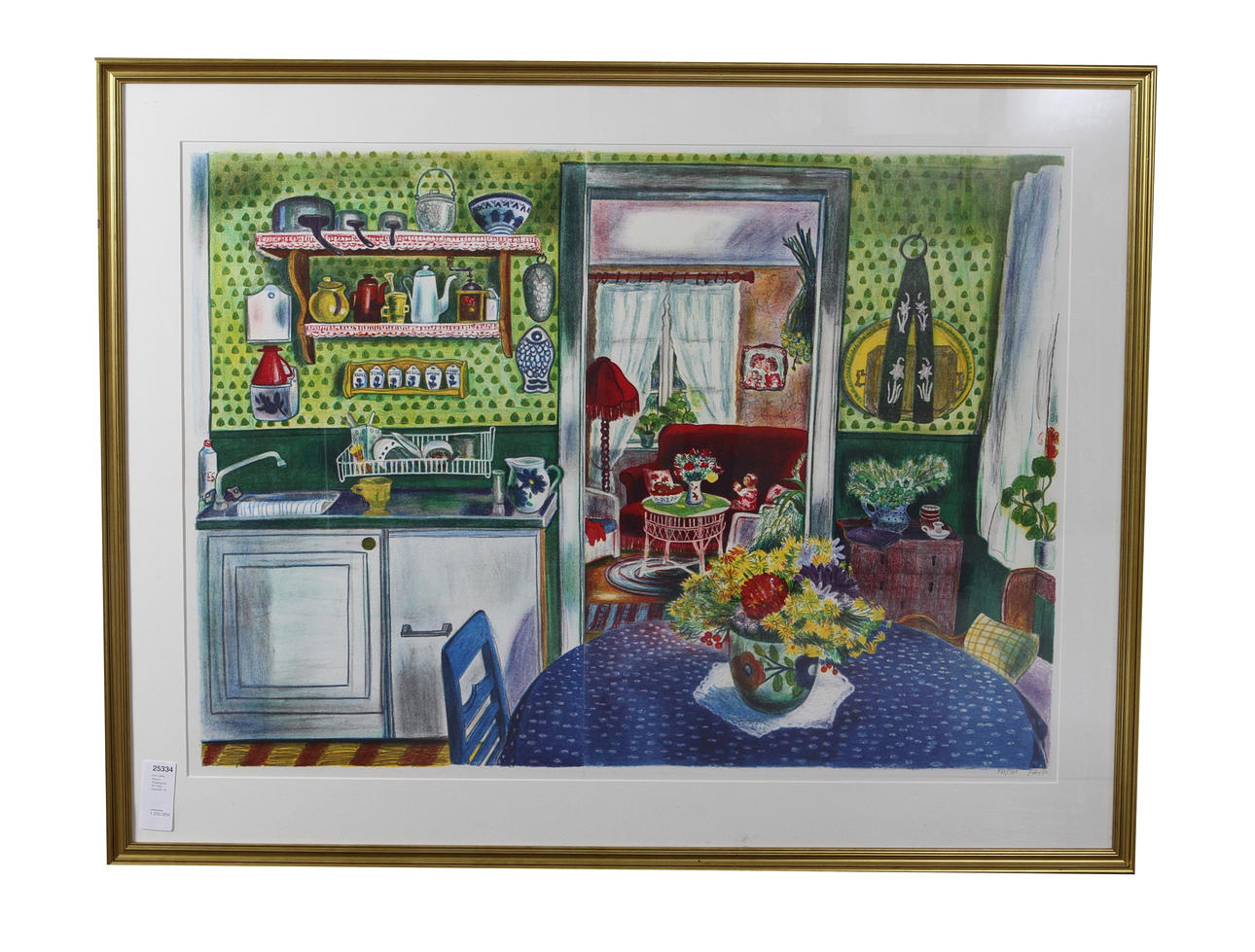 EVY LÅÅS. Interiör. Färglitografi, 261/360, signerad.
