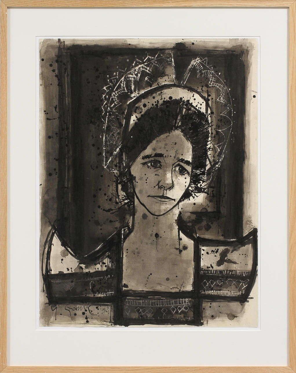 YVES GANNNE. Kvinnoporträtt, akvarell och tusch, signerad och daterad 52.