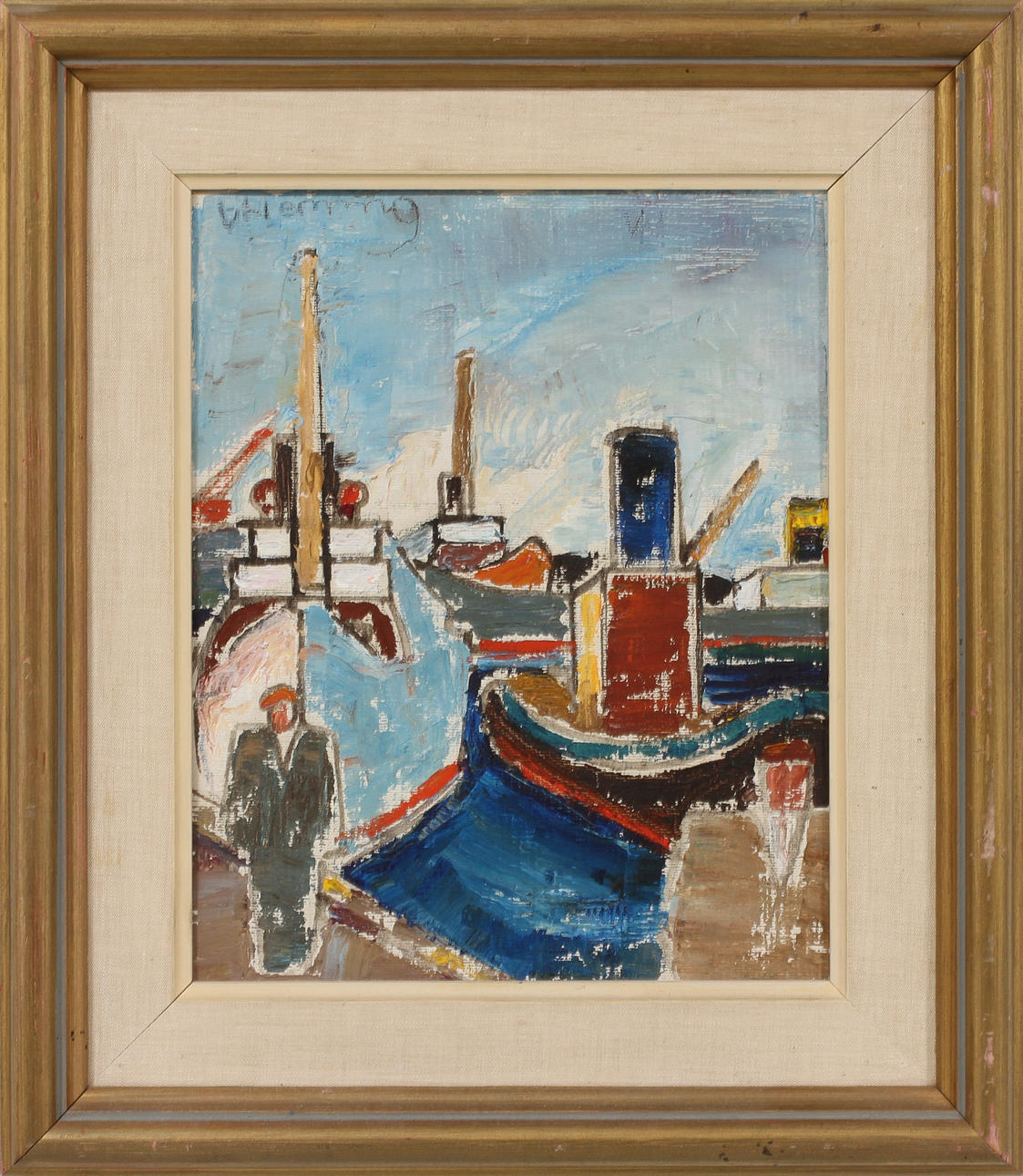 WILHELM HENNING. Båtar samt figur, olja på duk, signerad.