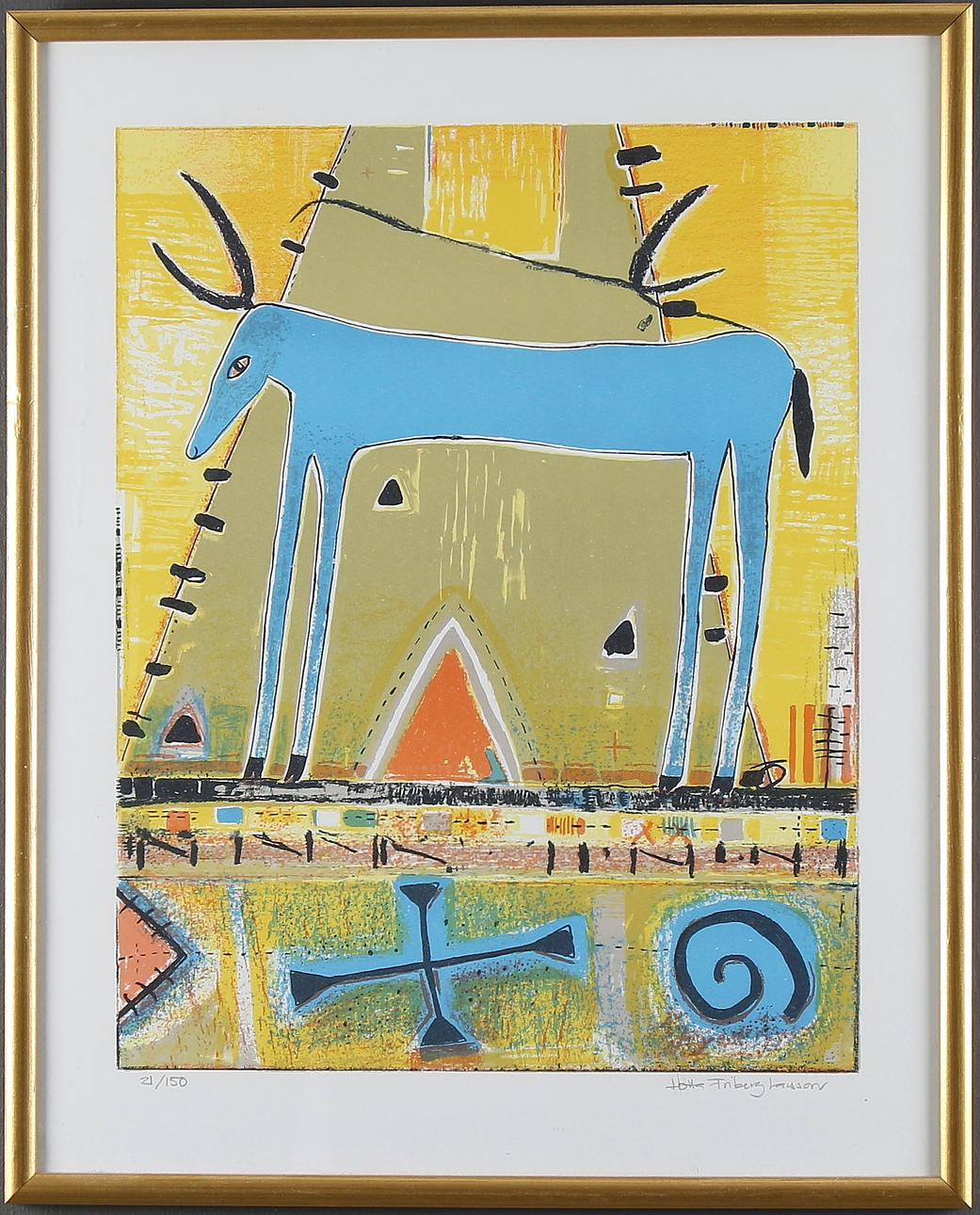 LOTTA FRIBERG LARSSON. Färglitografi, komposition med ren. Signerad och numrerad 21/150.