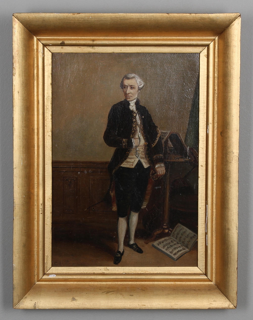 OKÄND KONSTNÄR, 1800-tal. Porträtt av adelsman och musikalier. Monogramsignerad C.L. Olja på pannå.