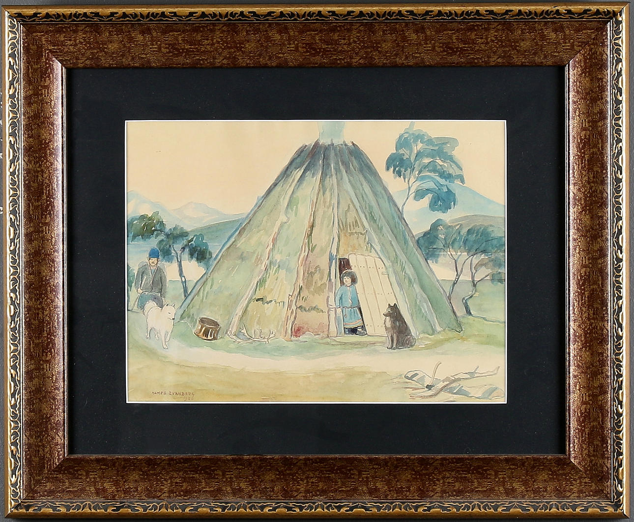 HAMPE SVANBERG. Lappkåta med samer, akvarell, signerad och daterad 1920.