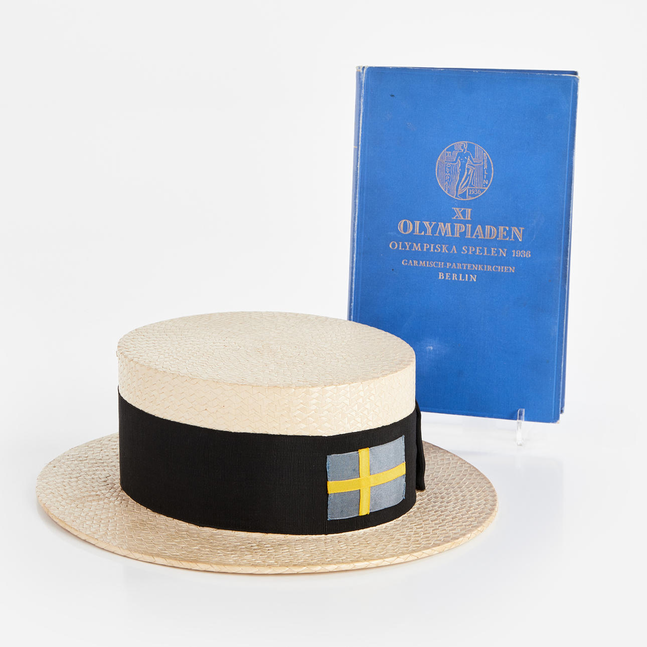 OLYMPICS IN BERLIN 1936, BROR HELLSTRÖM, straw hat from the inauguration in 1936, SUPERIOR MANUFACTURE EXTRA, size 4 1/2, 56, sewn-on Swedish flag.