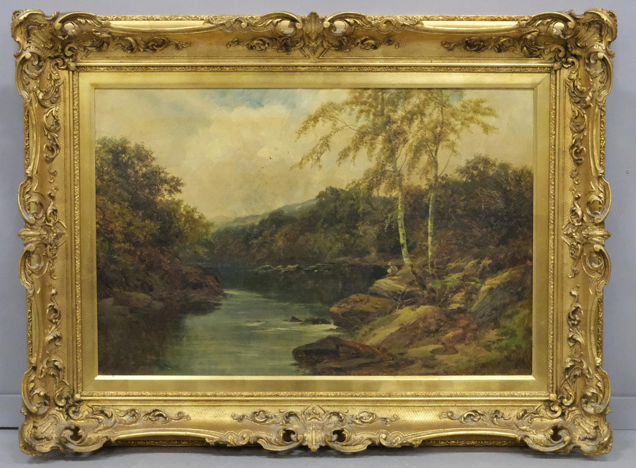 CHARLES L. SHAW. OIL ON CANVAS, MOUNTAIN AND FOREST LANDSCAPE WITH WATER FEATURES AND FISHERMEN, ENGLAND 1887/88.
