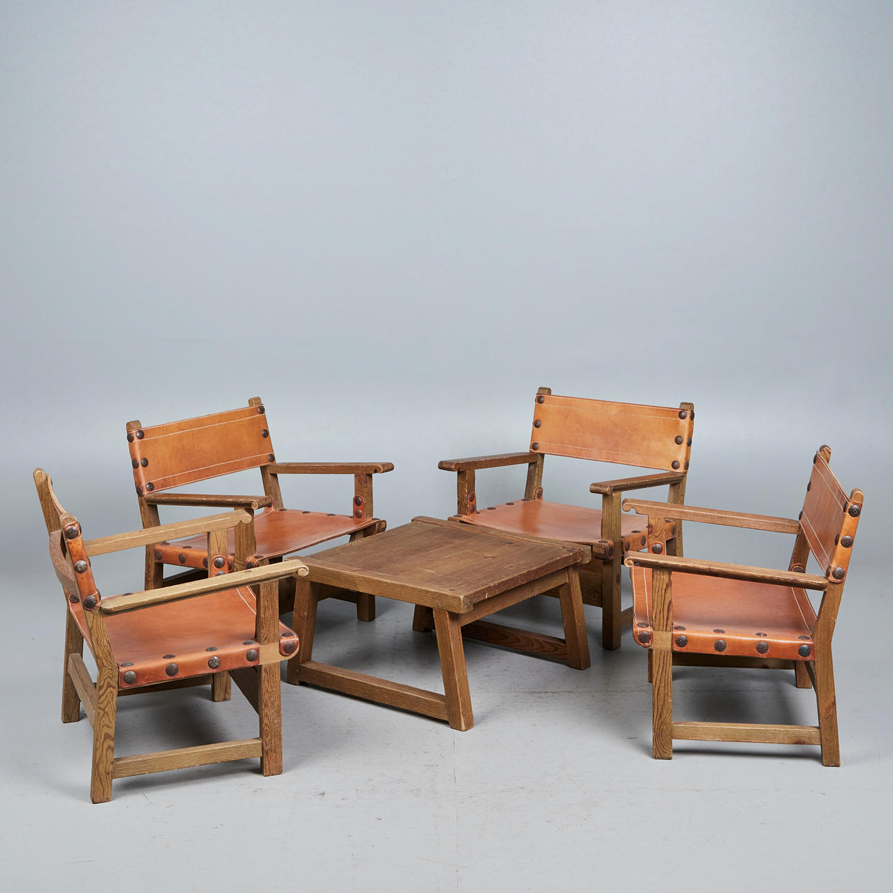 Four Brutalist chairs with side table, leather, pine, 1930s, Spain (5).
