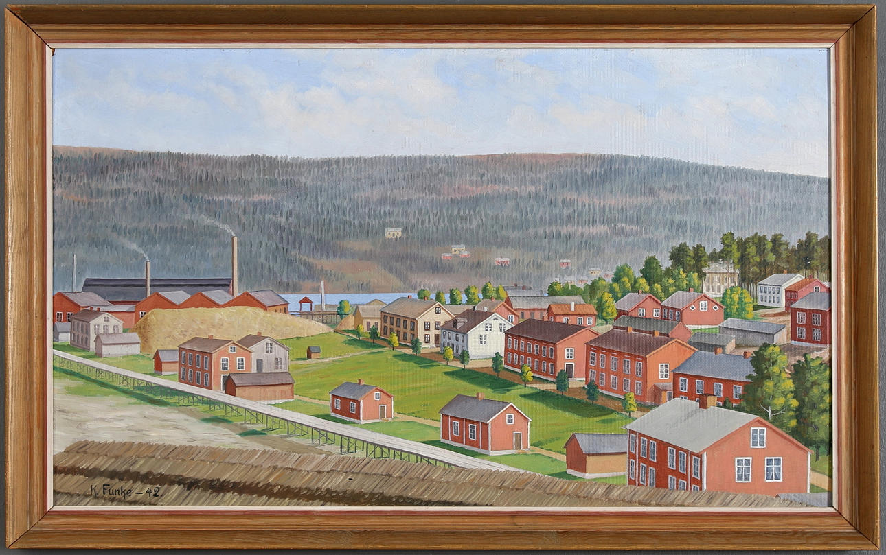 K FUNKE. "Sandö glasbruk", olja på pannå, signerad och daterad -42.
