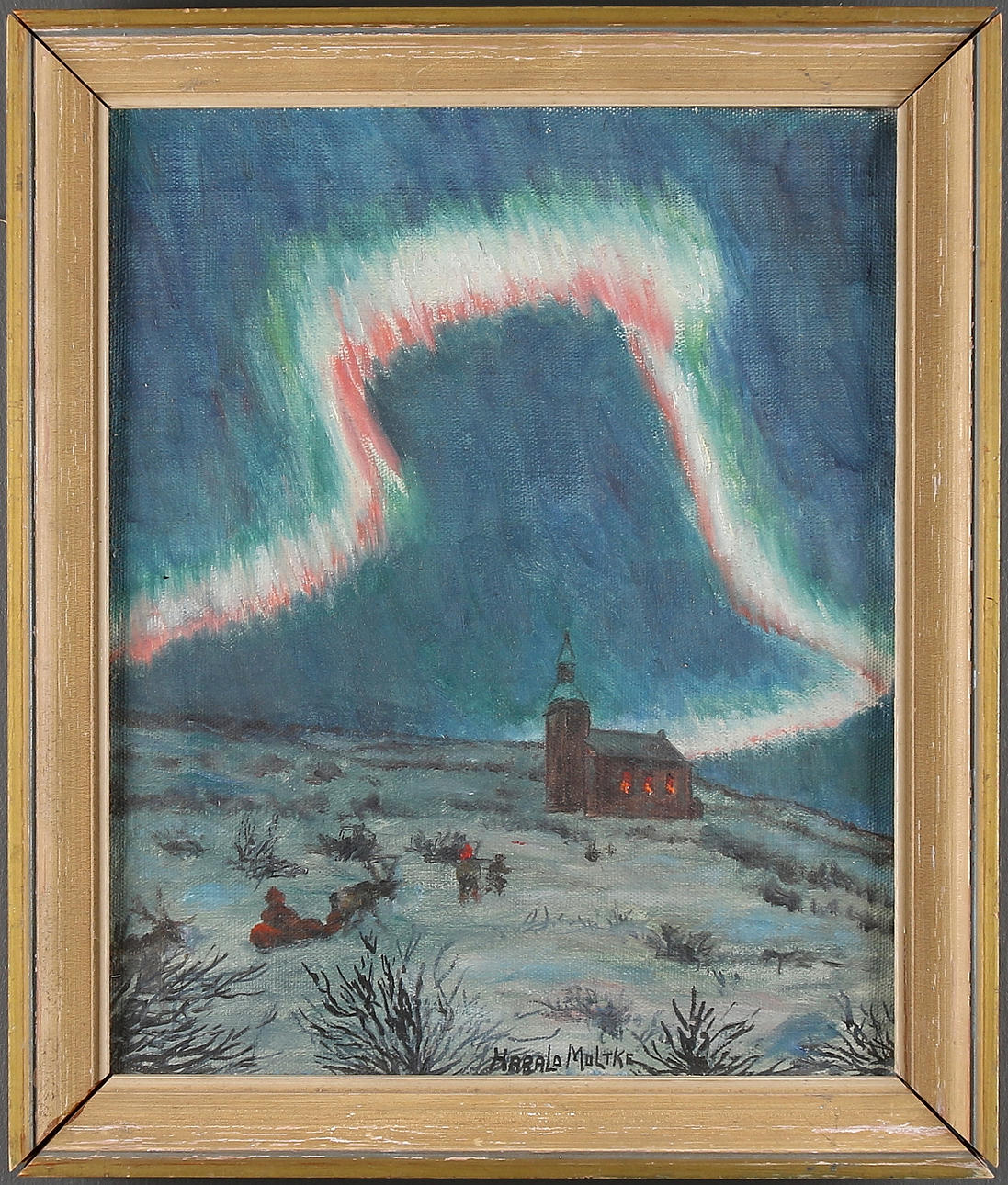 HARALD MOLTKE. Olja på duk, samer i norrsken. Signerad.