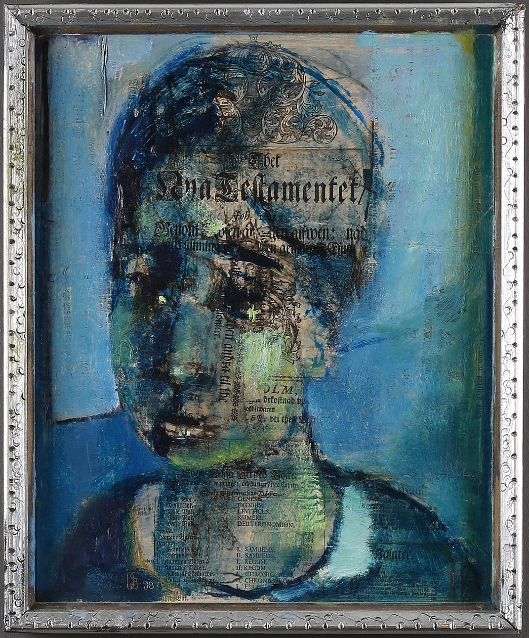 OLLE GUSTAFSSON. Blandteknik på pannå, "Huvud på Bibliskt Blad". Signerad och daterad -88.