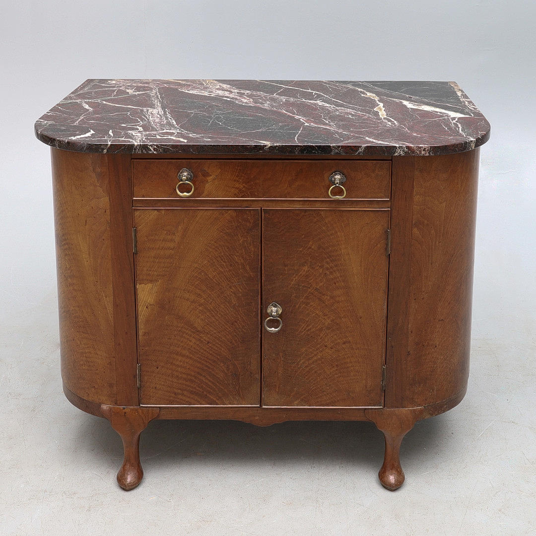 SIR ROBERT LORIMER. A SCOTTISH WALNUT DEMI-LUNE DWARF SIDE CABINET.
