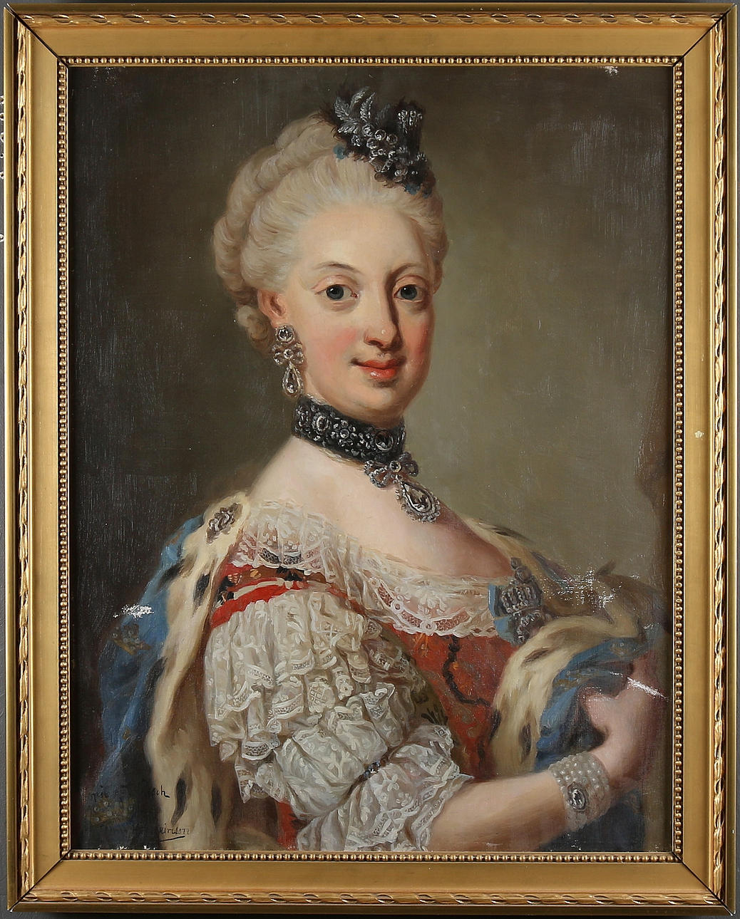 LORENTZ PASCH. Kopia efter. Olja på duk, "Sofia Magdalena, f. 1745, d. 1813. Gustaf III gemål". Signerad med otydlig signatur, 1800-tal.