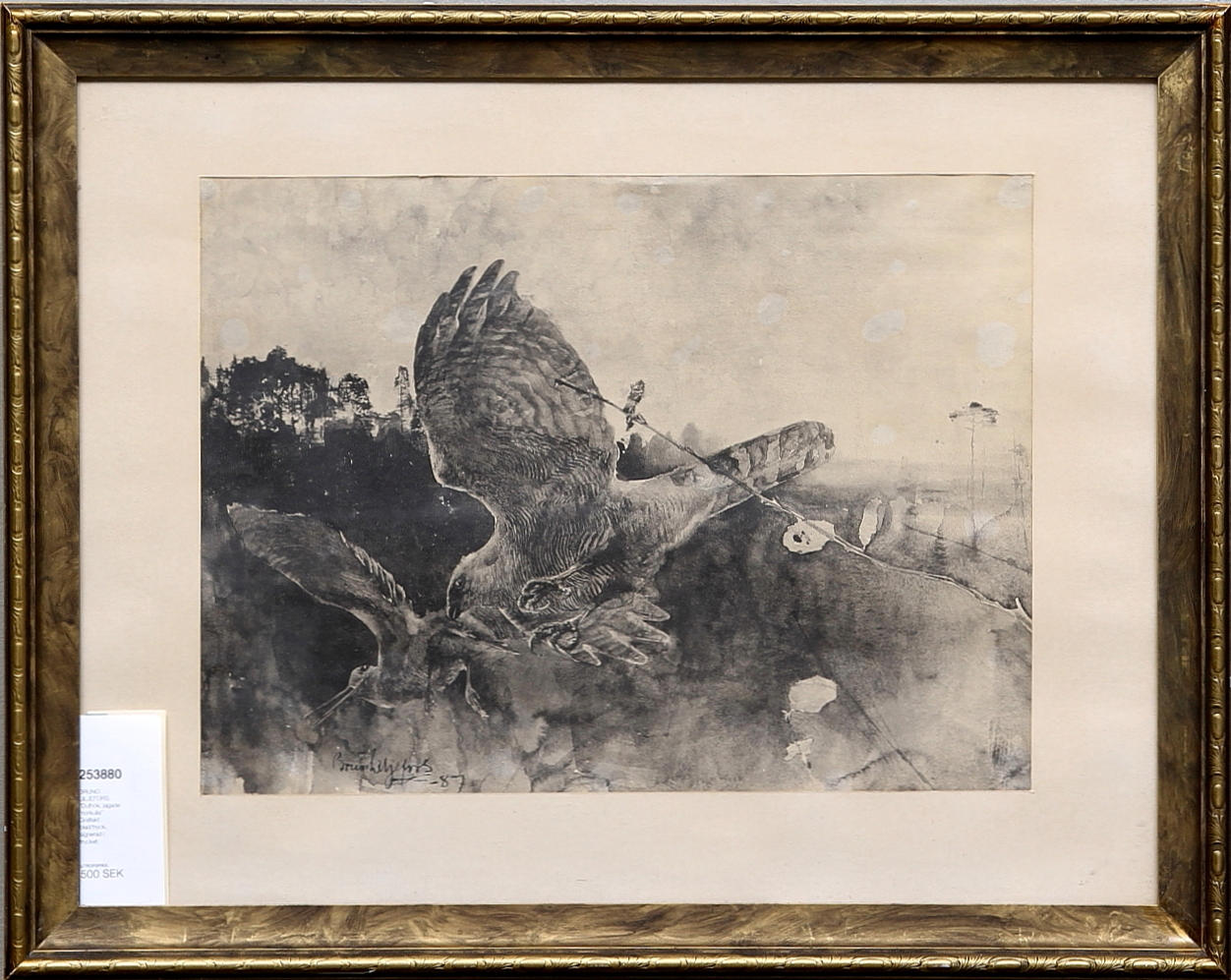BRUNO LILJEFORS. "Dufhök, jagade morkulla" Grafiskt blad/tryck, signerad i trycket.
