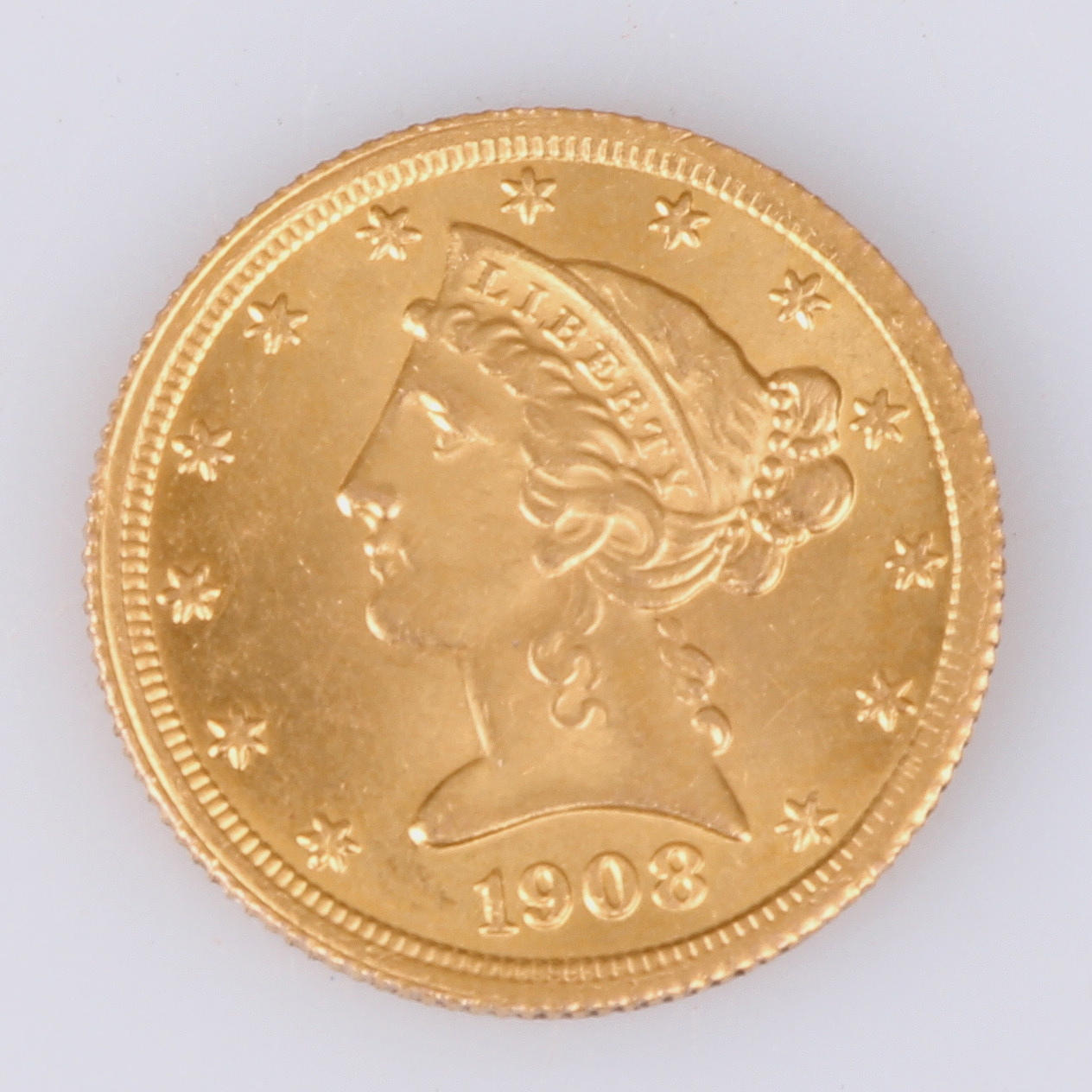 GULDMYNT, 23k guld, Fem dollar, Liberty head, USA, 1908.