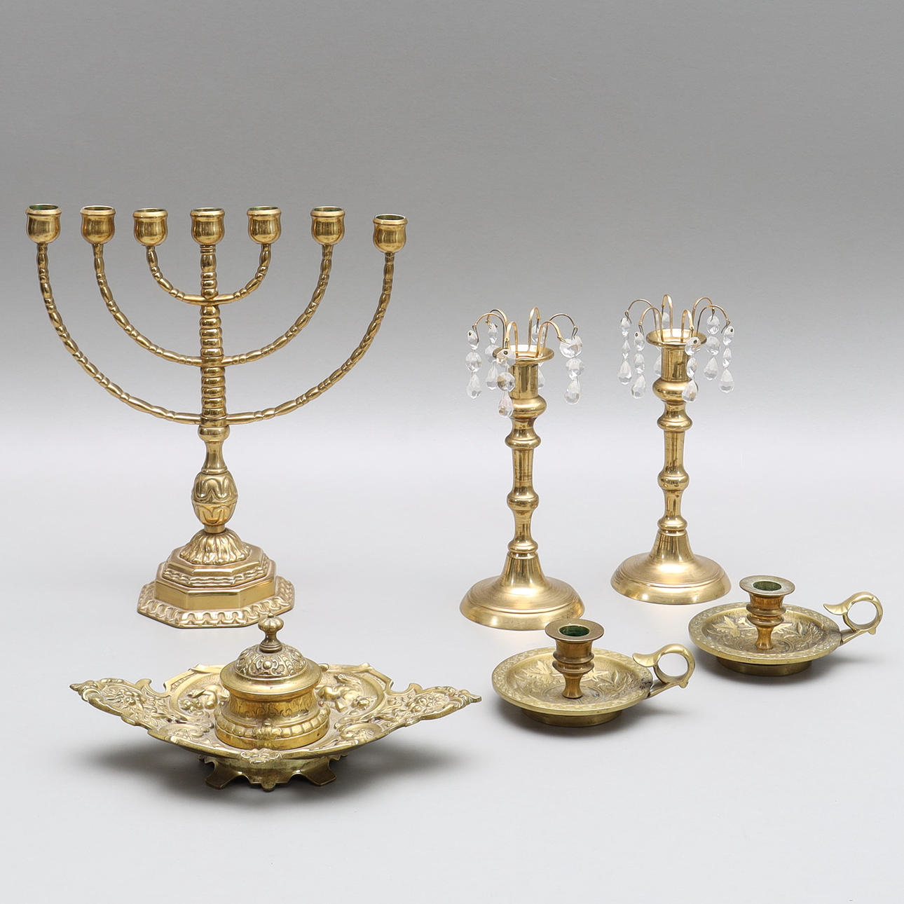 BRASS, Candlesticks 4 pcs., candelabra, ink stand.