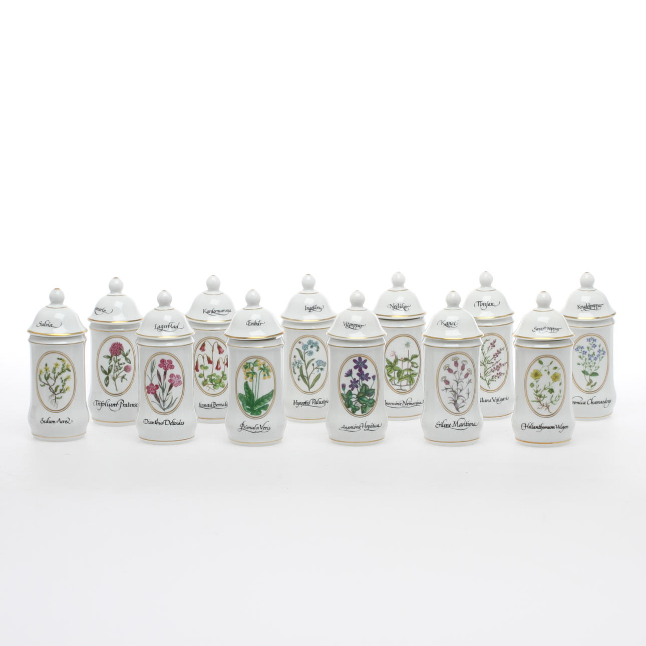 KRYDDBURKAR, 12 st, porslin, "Carl von Linne", Christineholm.
