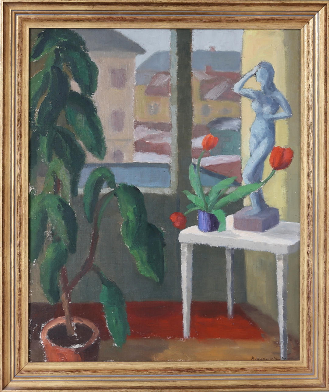 RAYMOND WALLENTIN. Statyetten på bordet, olja på duk, signerad.