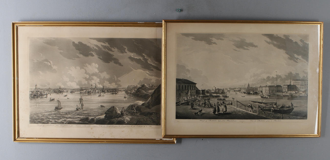 JOHAN FREDRIK MARTIN. 2 st, akvatintetsningar, "Utsigt af Stockholm tagen från Blasiiholmen" och "Utsigt af Stockholm från Långholmen på Stadens vestra sida".