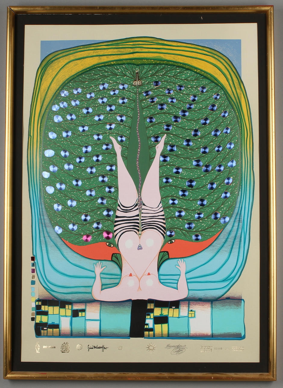 FRIEDENSREICH HUNDERTWASSER. "Hommage a Schröder-Sonnenstern", färgserigrafi med metallprägling, stämpelsignerad och numrerad 02186/4200.