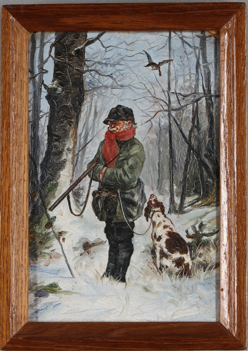 OIDENTIFIERAD KONSTNÄR. jägare med hund, olja på pannå.