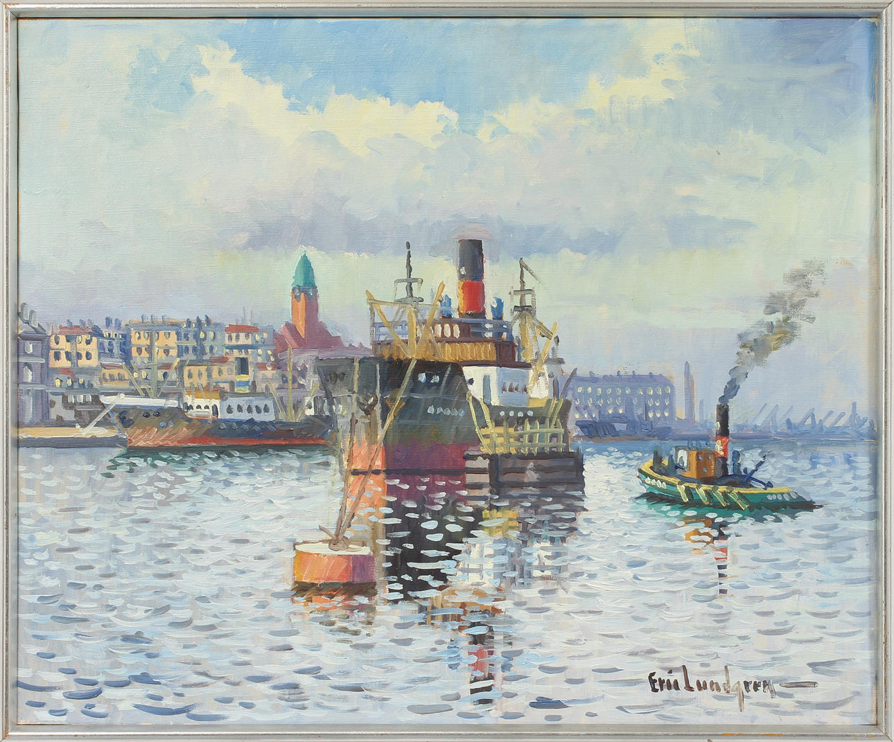 ERIC LUNDGREN. Göteborgs hamn, olja på duk, signerad.