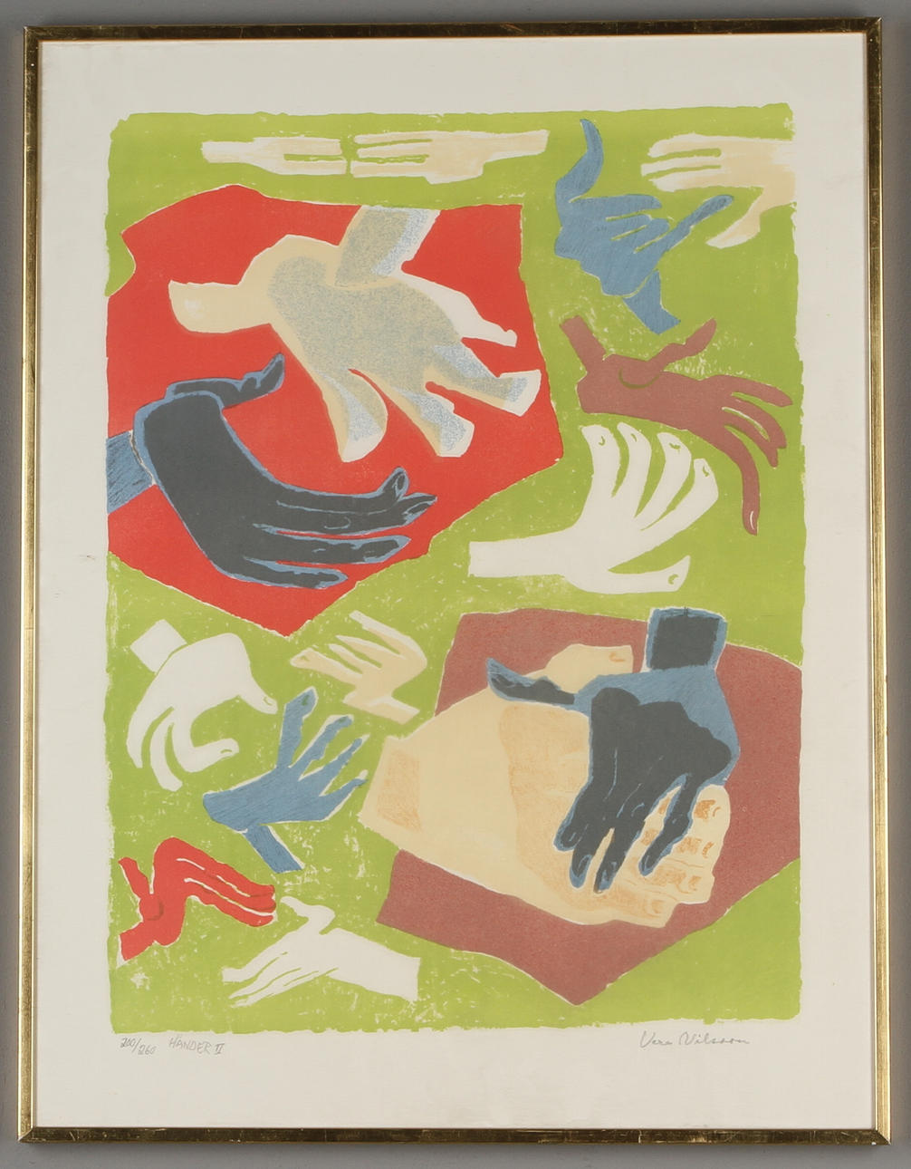 VERA NILSSON. "Händer II", färglitografi, signerad, 260/260.