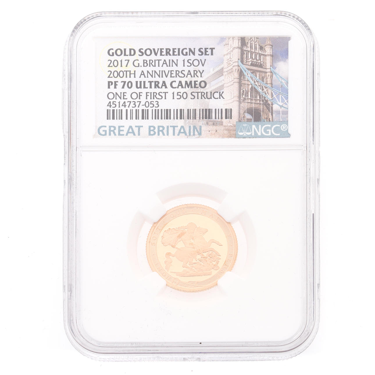 22CT GOLD PROOF SOVEREIGN 2017, PF70 GRADED.