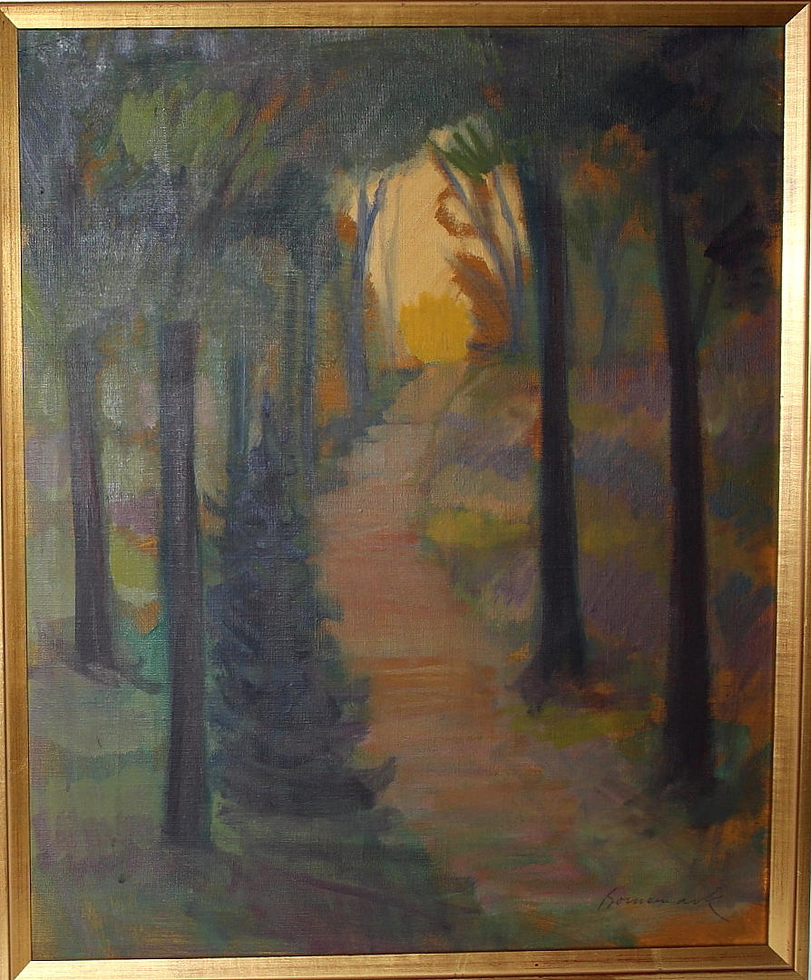 OIDENTIFIERAD KONSTNÄR. olja på duk, skogsstigen, signerad Bornemark.