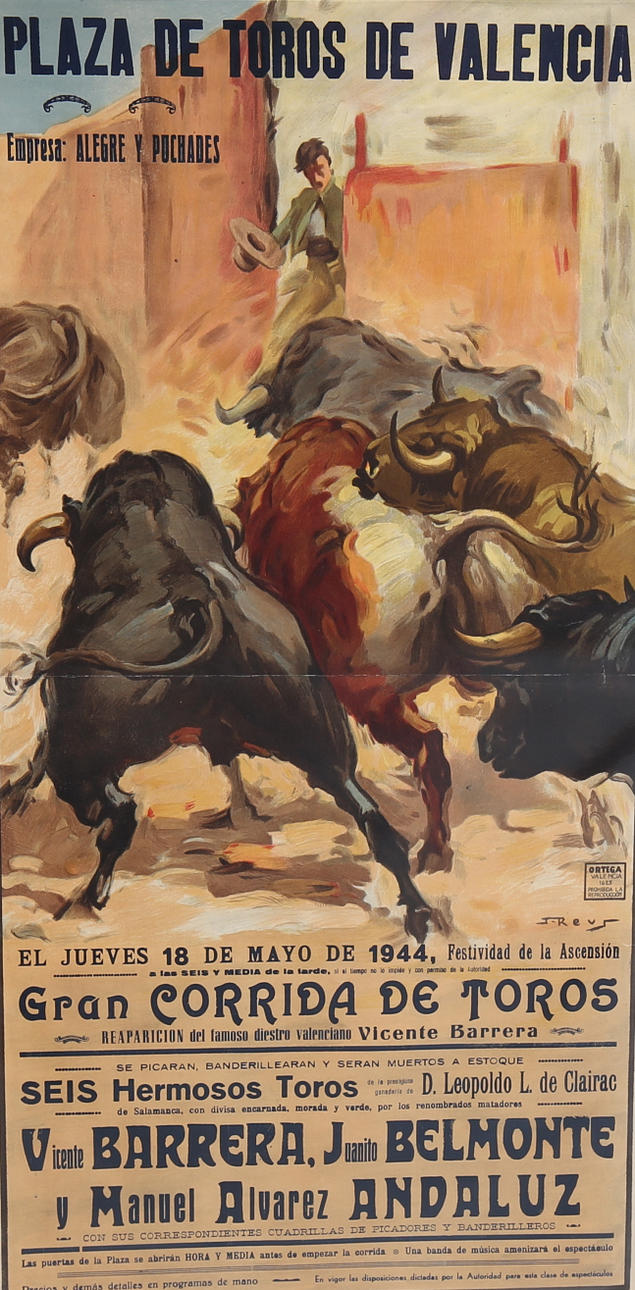 POSTER, til tyrefægtning, Valencia, Spanien, 1940'erne.