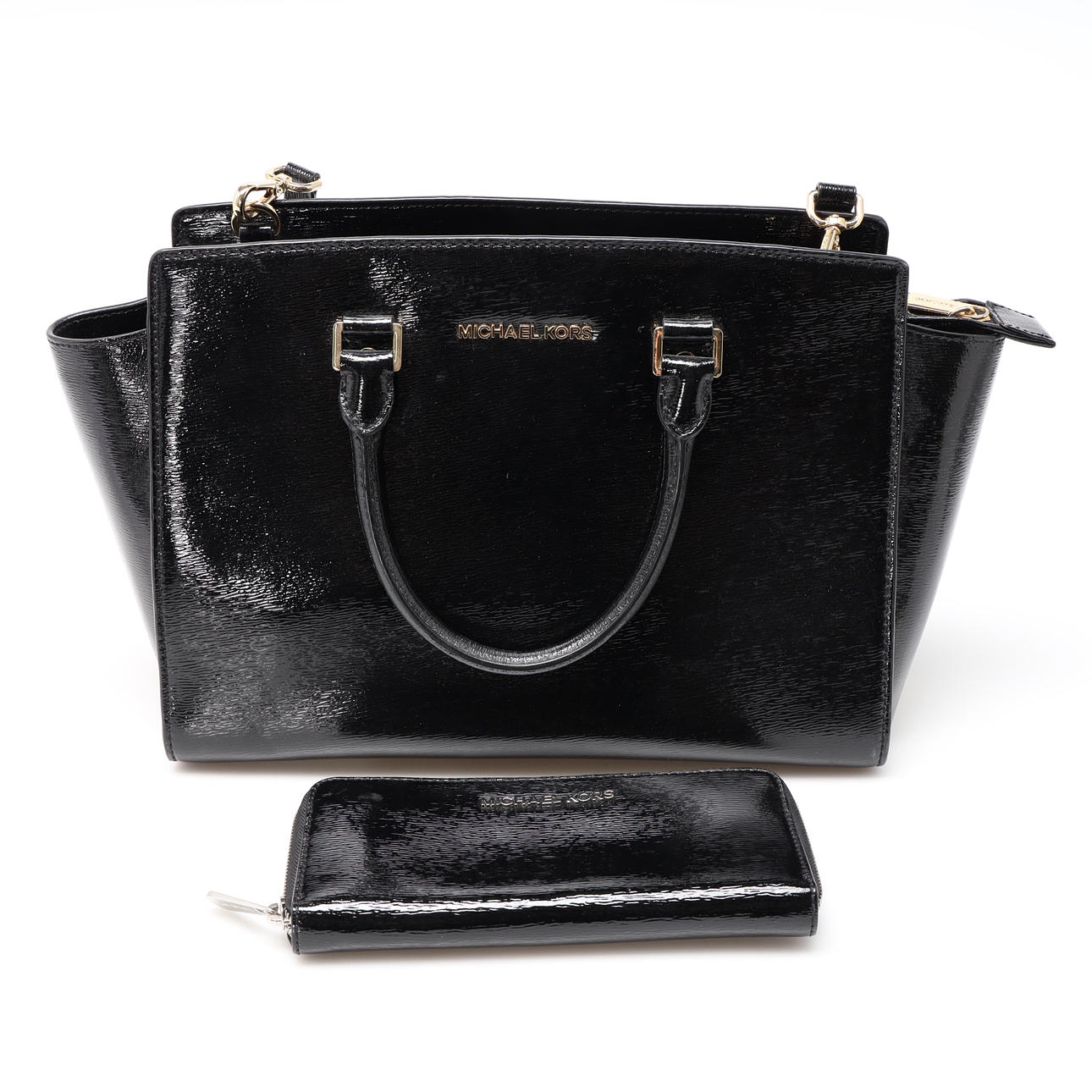 MICHAEL KORS, taske og pung i sort lak.