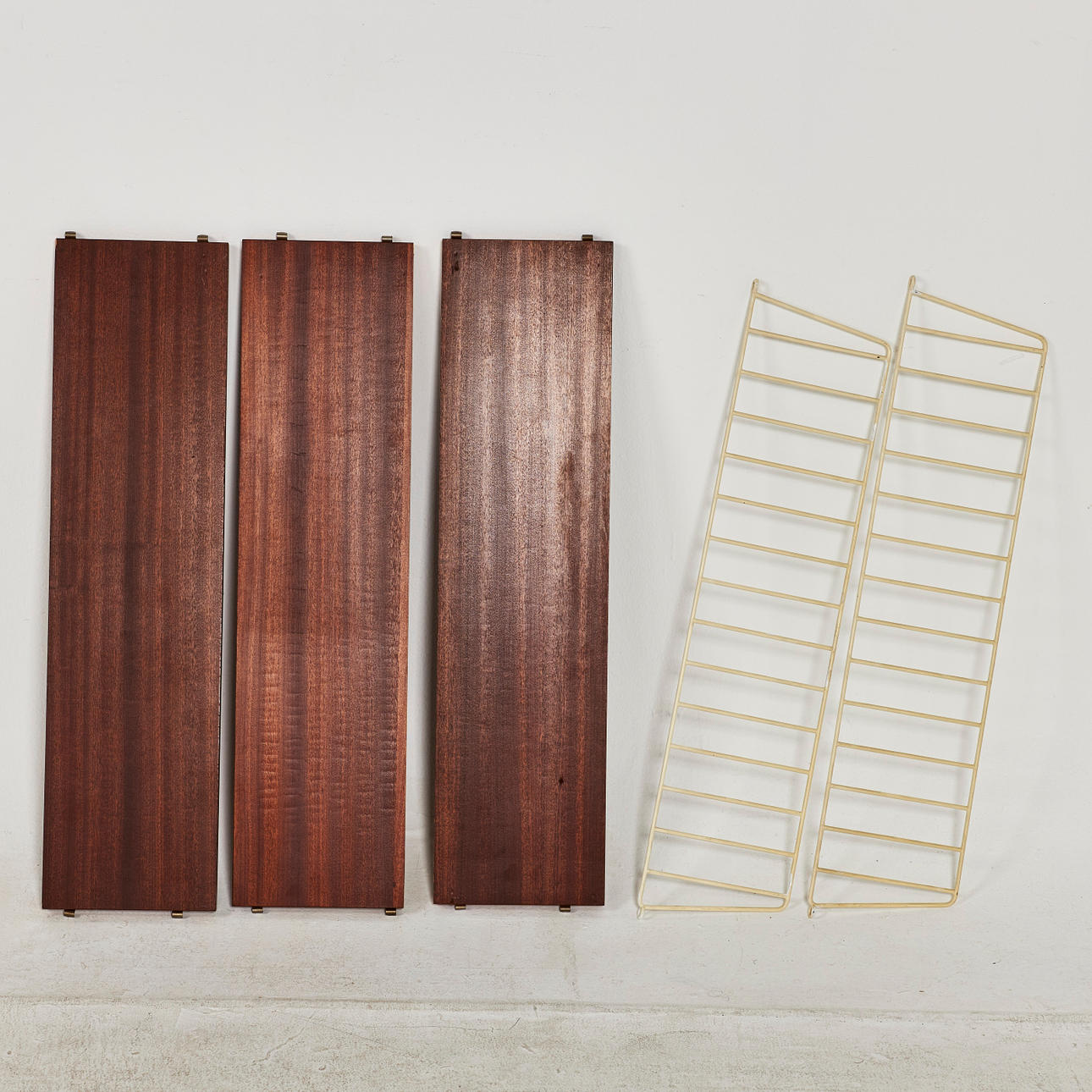 SHELF, string model, 1950s/60s, 3 shelves and ends, teak.