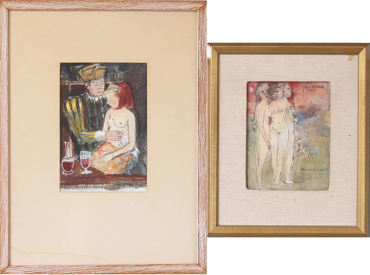 BIRGER LJUNGQUIST. Nakenstudier, 2 st, blandteknik samt akvarell, signerade och daterade.