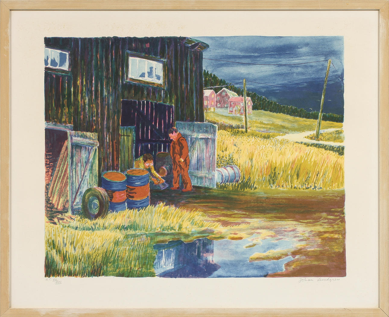 JOHAN LUNDGREN. Garagescen med figurer, litografi, signerad och numrerad H.C.