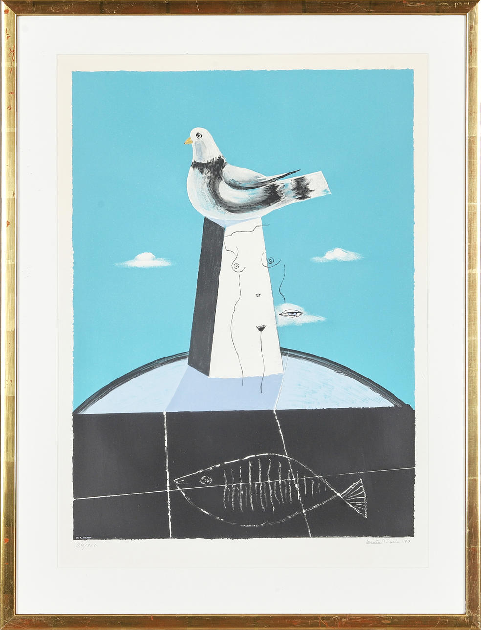 ESAIAS THORÉN. Composition with dove, signed, dated and numbered Esaias Thorén 29/360 -77, color lithograph.