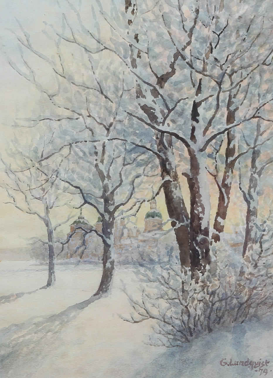 GUNNAR LUNDQVIST. watercolour, view towards Gripsholm castle from Lottenlund in Mariefred, signed G.Lundqvist, dated -79.