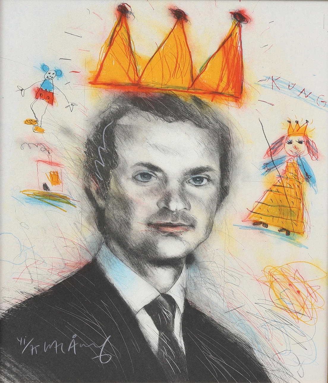 LASSE ÅBERG. Carl the XVI Gustav, color lithograph no. 41/75, signed.