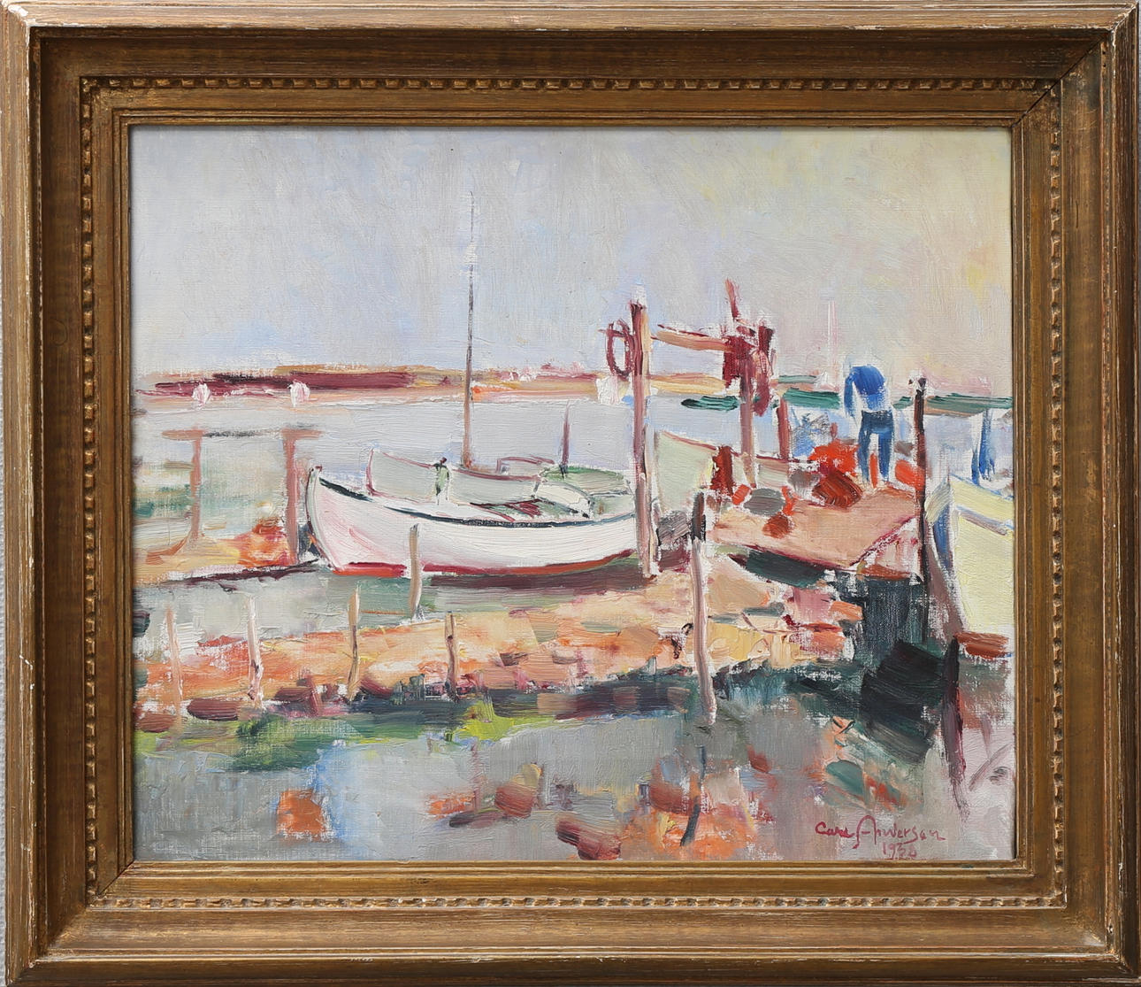 CARL ANDERSON. Kustmotiv med båtar och figurer. Olja på duk, signerad och daterad 1938.