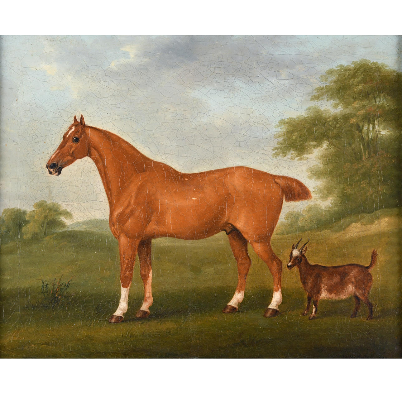 JOHN NOST SARTORIUS (1759-1828). A CHESTNUT HORSE WITH A GOAT IN A FIELD.
