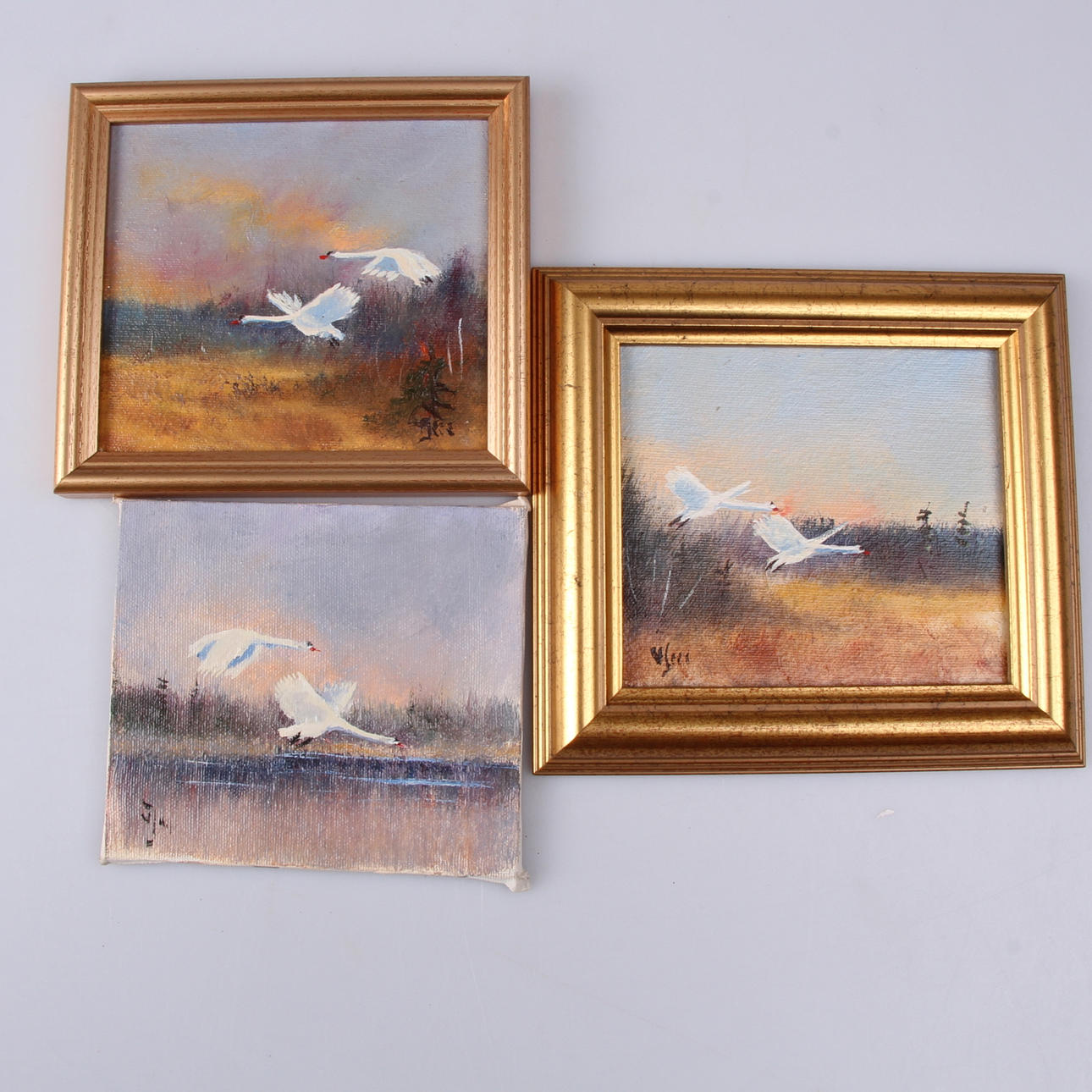 VÄINO JUNTURA. Olja på duk. 3 st. Svanar i skogslandskap.